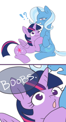 Size: 870x1600 | Tagged: safe, artist:sion, derpibooru import, trixie, twilight sparkle, twilight sparkle (alicorn), alicorn, pony, :o, :t, breasts, confused, exclamation point, female, glare, interrobang, lesbian, mare, open mouth, question mark, semi-vulgar, shipping, simple background, sitting, smiling, twixie, wat, wide eyes