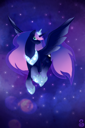 Size: 2000x3000 | Tagged: safe, artist:shrineheart, princess luna, alicorn, pony, female, flying, horn, mare, solo