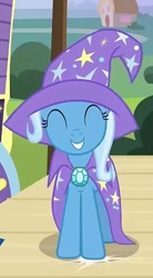 Size: 341x616 | Tagged: safe, derpibooru import, screencap, trixie, pony, unicorn, uncommon bond, cape, clothes, cute, diatrixes, eyes closed, female, hat, mare, solo, stomping, trixie's cape, trixie's hat