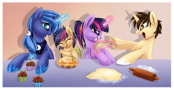 Size: 1430x738 | Tagged: safe, artist:blackfreya, princess luna, twilight sparkle, twilight sparkle (alicorn), oc, oc:mayday parker sparkle, alicorn, pony, baking, crossover, female, mare, offspring, parent:peter parker, parent:twilight sparkle, parents:spidertwi, peter parker, ponified, ponytail, spider-man, spiders and magic iii: days of friendship past, spiders and magic: rise of spider-mane, spidertwi