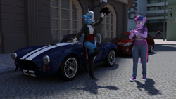 Size: 2200x1238 | Tagged: safe, artist:jawolfadultishart, derpibooru import, scootaloo, trixie, twilight sparkle, anthro, plantigrade anthro, 3d, boots, bowtie, car, clothes, daz studio, fishnet stockings, hat, high heel boots, jeans, leotard, magician outfit, pants, phone, shelby cobra, shirt, shoes, show off, sneakers, t-shirt, tailcoat, thigh boots, top hat, toyota prius, tuxedo, vest