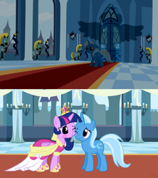 Size: 1188x1338 | Tagged: safe, artist:navitaserussirus, derpibooru import, edit, trixie, twilight sparkle, twilight sparkle (alicorn), alicorn, magical mystery cure, big crown thingy, blushing, clothes, coronation dress, cute, dress, female, jewelry, lesbian, regalia, shipping, twixie