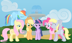 Size: 1000x600 | Tagged: safe, artist:therecliner27, derpibooru import, applejack, derpy hooves, pinkie pie, rainbow dash, rarity, twilight sparkle, earth pony, pegasus, pony, unicorn, female, mare