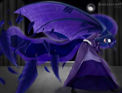 Size: 1024x786 | Tagged: safe, artist:bookxworm89, nightmare moon, princess luna, anthro, clothes, crying, dress, feather, moon, solo, transformation