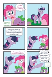 Size: 2261x3300 | Tagged: safe, artist:inspectornills, derpibooru import, pinkie pie, spike, twilight sparkle, dragon, earth pony, pony, comic, high res, pinkie sense, pregnant