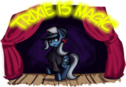 Size: 929x644 | Tagged: safe, artist:fauxsquared, derpibooru import, trixie, pony, unicorn, clothes, female, hat, hoodie, luna-afterdark, mare, solo, stage, trixie is magic