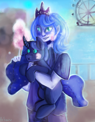 Size: 1400x1800 | Tagged: safe, artist:arfaise, princess luna, human, amusement park, clothes, cotton candy, eared humanization, humanized, plushie, pony coloring