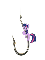 Size: 285x380 | Tagged: safe, derpibooru import, twilight sparkle, unicorn twilight, pony, unicorn, bronybait, cute, fishing, frown, hook, hug, literal, looking down, pun, reaction image, simple background, solo, suspended, this is bait, transparent background, twiabetes