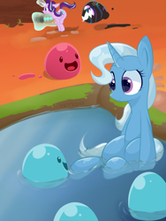 Size: 768x1024 | Tagged: dead source, safe, artist:unitress, derpibooru import, starlight glimmer, trixie, pony, unicorn, duo, female, magic, pink slime (slime rancher), puddle slime (slime rancher), slime rancher, tarr (slime rancher), water