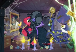 Size: 1000x684 | Tagged: safe, artist:pixelkitties, derpibooru import, big macintosh, discord, showtime, squizard, trixie, twilight sparkle, bee, earth pony, pony, squid, bouquet, bust, candle, chess piece, clothes, costume, crossdressing, dark room, dice, discord lamp, elvira, halloween, holiday, male, nightmare night, orchard blossom, parody, peter new, pixelkitties' brilliant autograph media artwork, portrait, scepter, stallion, trixie scepter, twilight scepter