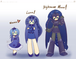 Size: 2304x1800 | Tagged: safe, artist:howxu, nightmare moon, princess luna, human, armor, armor skirt, boots, clothes, cute, dress, filly, horned humanization, humanized, lunar trinity, pantyhose, shoes, skirt, winged humanization, woona