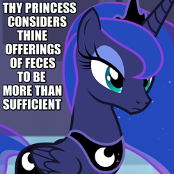 Size: 540x540 | Tagged: safe, screencap, princess luna, alicorn, pony, twilight's kingdom, caption, frown, image macro, reaction image, solo, unamused, unhappy