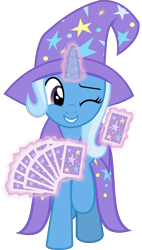Size: 4751x8336 | Tagged: safe, artist:jhayarr23, derpibooru import, trixie, pony, unicorn, uncommon bond, absurd resolution, cape, card, clothes, cute, diatrixes, glowing horn, hat, levitation, magic, one eye closed, playing card, simple background, smiling, telekinesis, transparent background, trixie's cape, trixie's hat, wink