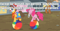 Size: 888x453 | Tagged: safe, derpibooru import, edit, edited screencap, screencap, caramel, meadow song, peachy cream, pinkie pie, twilight sparkle, earth pony, pony, the last roundup, ball, clown, headcanon, image macro, meta, mouth hold, rodeo clown