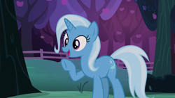 Size: 1280x720 | Tagged: safe, derpibooru import, screencap, trixie, pony, unicorn, uncommon bond, cute, diatrixes, female, mare, open mouth, solo, tree