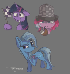 Size: 1153x1210 | Tagged: safe, artist:ferasor, derpibooru import, pinkie pie, trixie, twilight sparkle, earth pony, pony, unicorn, bubble pipe, checkered flag, detective, female, mare, simple background, trio