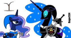 Size: 1717x920 | Tagged: safe, artist:roger334, nightmare moon, princess luna, alicorn, pony, crossover, dark link, group shot, hylian shield, link, megaton hammer, nintendo, simple background, the legend of zelda, the legend of zelda: ocarina of time, transparent background