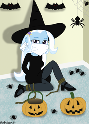 Size: 755x1057 | Tagged: safe, artist:robukun, derpibooru import, trixie, equestria girls, arm behind back, bedroom eyes, bondage, cloth gag, clothes, female, gag, halloween, high heels, holiday, implied legs tied, jack-o-lantern, legs tied poorly, pumpkin, rope, rope bondage, shoes, stockings, thigh highs, tied up, witch