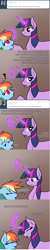 Size: 602x3010 | Tagged: safe, artist:jykinturah, derpibooru import, rainbow dash, twilight sparkle, pegasus, pony, askblinddash, comic, cute, duo, glowing horn, haircut, laughing, scissors, smiling, sneezing