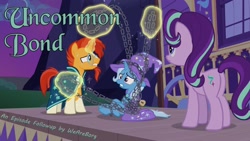 Size: 1600x900 | Tagged: safe, derpibooru import, edit, edited screencap, screencap, starlight glimmer, sunburst, trixie, pony, unicorn, uncommon bond, chained, episode followup, out of context