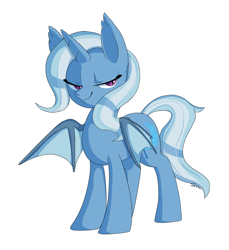 Size: 1244x1357 | Tagged: safe, artist:sion, derpibooru import, trixie, alicorn, bat pony, bat pony alicorn, pony, alicornified, bat ponified, bedroom eyes, female, mare, race swap, simple background, smiling, smirk, solo, trixiebat, trixiecorn, white background