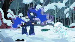 Size: 1280x720 | Tagged: safe, artist:maxressor, princess luna, oc, oc:snowdrop, alicorn, pony, snow, snowfall, snowflake