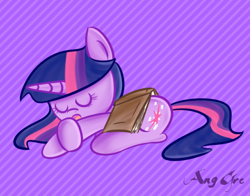 Size: 510x400 | Tagged: safe, artist:anggrc, derpibooru import, twilight sparkle, book, eyes closed, open mouth, prone, sleeping, solo