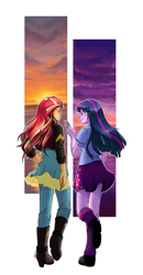 Size: 620x1190 | Tagged: safe, artist:yukari-light, sunset shimmer, twilight sparkle, equestria girls, boots, clothes, duo, hand on hip, high heel boots, jacket, leather jacket, leg warmers, looking at each other, raised leg, shoes, skirt, skirt lift, sky, sunset, twilight (astronomy)