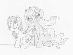 Size: 1000x759 | Tagged: safe, artist:dfectivedvice, princess luna, twilight sparkle, twilight sparkle (alicorn), alicorn, pony, blushing, female, grayscale, lesbian, mare, monochrome, preening, shipping, traditional art, twiluna