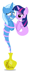 Size: 282x630 | Tagged: safe, artist:navitaserussirus, derpibooru import, trixie, twilight sparkle, asktwixiegenies, blush sticker, blushing, cropped, female, genie, geniefied, lesbian, shipping, simple background, species swap, twixie, white background