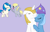 Size: 1358x862 | Tagged: safe, artist:pony-stamps, derpibooru import, derpy hooves, dj pon-3, prince blueblood, trixie, vinyl scratch, pony, unicorn, bluetrix, cute, derpyscratch, female, male, shipping, straight