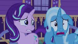 Size: 1280x720 | Tagged: safe, derpibooru import, screencap, starlight glimmer, trixie, pony, unicorn, to where and back again, floppy ears, hoof on cheek