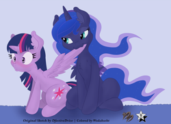 Size: 4400x3200 | Tagged: safe, artist:dfectivedvice, artist:wodahseht, princess luna, twilight sparkle, twilight sparkle (alicorn), alicorn, pony, female, lesbian, mare, preening, shipping, twiluna