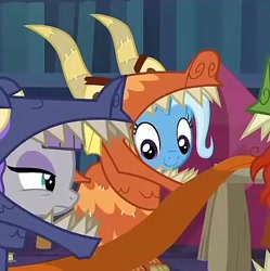 Size: 388x389 | Tagged: safe, derpibooru import, screencap, maud pie, sunburst, trixie, earth pony, pony, unicorn, uncommon bond, clothes, costume, dragon costume, duo focus, female, mare, smiling