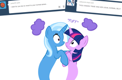 Size: 1048x691 | Tagged: safe, artist:navitaserussirus, derpibooru import, trixie, twilight sparkle, pony, ask, asktwixiegenies, cropped, female, genie, lesbian, shipping, simple background, tumblr, twixie, white background