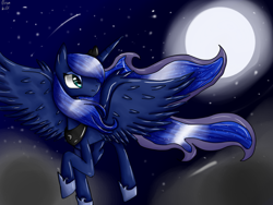 Size: 800x600 | Tagged: safe, artist:risakill, princess luna, alicorn, pony, cloud, cloudy, flying, moon, night, solo