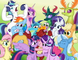 Size: 1800x1400 | Tagged: safe, artist:shinhoffman, derpibooru import, applejack, fluttershy, garble, pharynx, pinkie pie, princess cadance, princess ember, rainbow dash, rarity, shining armor, spike, starlight glimmer, thorax, trixie, twilight sparkle, twilight sparkle (alicorn), alicorn, changedling, changeling, dragon, earth pony, pegasus, pony, unicorn, season 7, blushing, changedling brothers, eyes closed, female, king thorax, male, mane six, prince pharynx, stallion