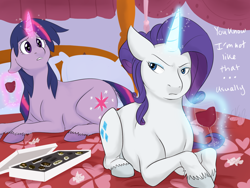 Size: 1400x1050 | Tagged: safe, artist:cartoonlion, derpibooru import, rarity, twilight sparkle, pony, unicorn, bed, chocolates, fanfic, female, lesbian, rarilight, romance reports, shipping, wine