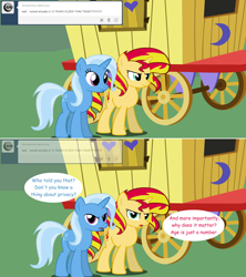 Size: 1280x1444 | Tagged: safe, artist:hakunohamikage, derpibooru import, sunset shimmer, trixie, pony, ask, ask-princesssparkle, comic, trixie's wagon, tumblr