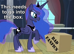 Size: 750x550 | Tagged: safe, edit, edited screencap, screencap, princess luna, alicorn, pony, for whom the sweetie belle toils, box, caption, criticism, fanfic, image macro, meta, open mouth, raised hoof, reaction image, solo