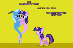 Size: 1050x694 | Tagged: safe, artist:navitaserussirus, derpibooru import, trixie, twilight sparkle, pony, ask genie twilight, asktwixiegenies, blush sticker, blushing, cropped, female, genie, geniefied, horn jewelry, jewelry, lesbian, shipping, simple background, species swap, squee, twixie, twolight, yellow background