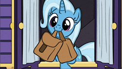 Size: 1920x1080 | Tagged: safe, derpibooru import, edit, edited screencap, screencap, trixie, pony, unicorn, to saddlebags and back again, to where and back again, :3, cute, diatrixes, female, mare, mouth hold, photoshop filter, smiling, solo, trixie's wagon