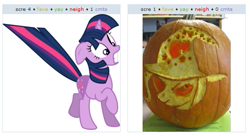 Size: 533x289 | Tagged: safe, derpibooru import, trixie, twilight sparkle, exploitable meme, halloween, holiday, jack-o-lantern, juxtaposition, juxtaposition win, meme, pumpkin