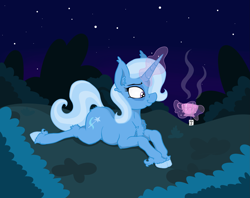 Size: 2347x1855 | Tagged: safe, artist:paskanaakka, derpibooru exclusive, derpibooru import, trixie, unicorn, bags under eyes, bush, chest fluff, colored hooves, cup, ear fluff, female, fluffy, food, hair over one eye, magic, mare, night, prone, smiling, smirk, solo, sploot, stars, tea, teacup, telekinesis, that pony sure does love teacups, tired, unshorn fetlocks