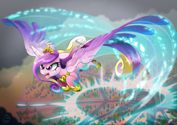 Size: 3507x2480 | Tagged: safe, artist:dormin-dim, princess cadance, alicorn, pony, angry, badass, charge, charging, colored, crystal empire, female, flight trail, floppy ears, flying, glare, jewelry, magic, mare, open mouth, outdoors, regalia, shit's getting serious, solo, sonic boom, spread wings, wallpaper, war face