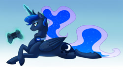 Size: 2000x1155 | Tagged: safe, artist:skjolty, princess luna, alicorn, pony, controller, dualshock controller, gamer luna, headphones, magic, playstation 4, prone, solo, telekinesis