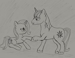 Size: 1024x798 | Tagged: safe, artist:sketch-shepherd, derpibooru import, prince blueblood, trixie, bluetrix, female, male, monochrome, shipping, straight