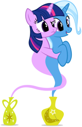 Size: 352x542 | Tagged: safe, artist:navitaserussirus, derpibooru import, trixie, twilight sparkle, asktwixiegenies, cropped, female, genie, geniefied, lesbian, shipping, simple background, species swap, twixie, white background