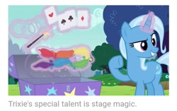 Size: 713x447 | Tagged: safe, derpibooru import, trixie, no second prances, captain obvious, card, image macro, meme, slowpoke, solo, truth, wand