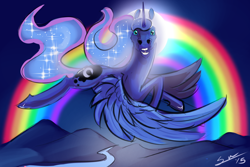 Size: 1200x800 | Tagged: safe, artist:blindcoyote, princess luna, alicorn, pony, flying, halo, hoers, majestic as fuck, night, rainbow, solo